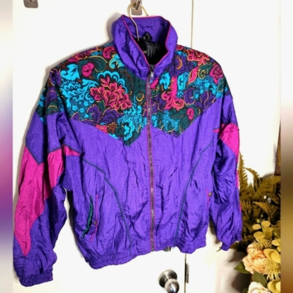 Vintage 90s Y2K Floral Purple Colorful Women's Windbreaker Zip-up Jacket